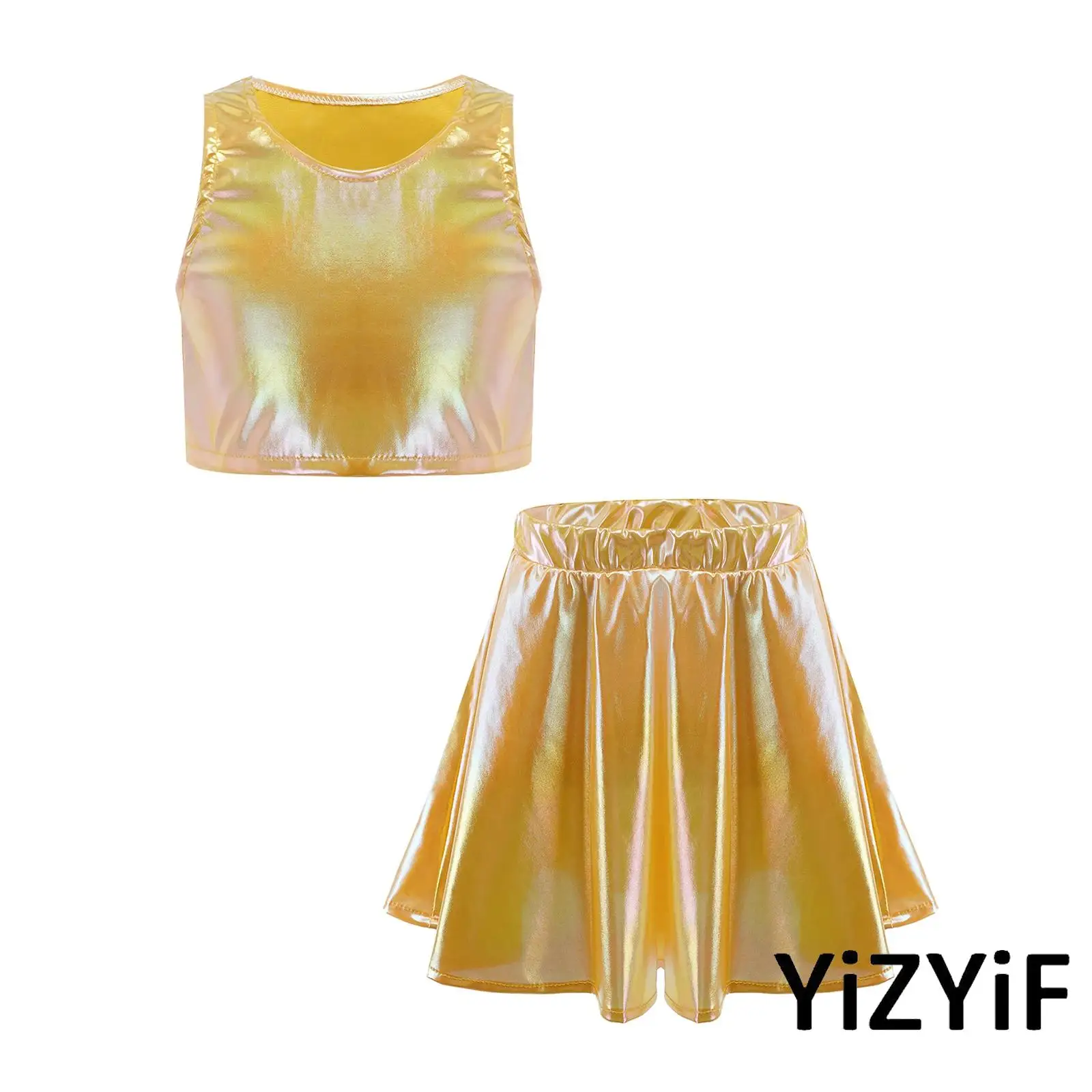 

Kids Girls Metallic Modern Dance Outfit Sleeveless Crop Top with Elastic Waistband Skirt for Hip Hop Cheerleading Performances