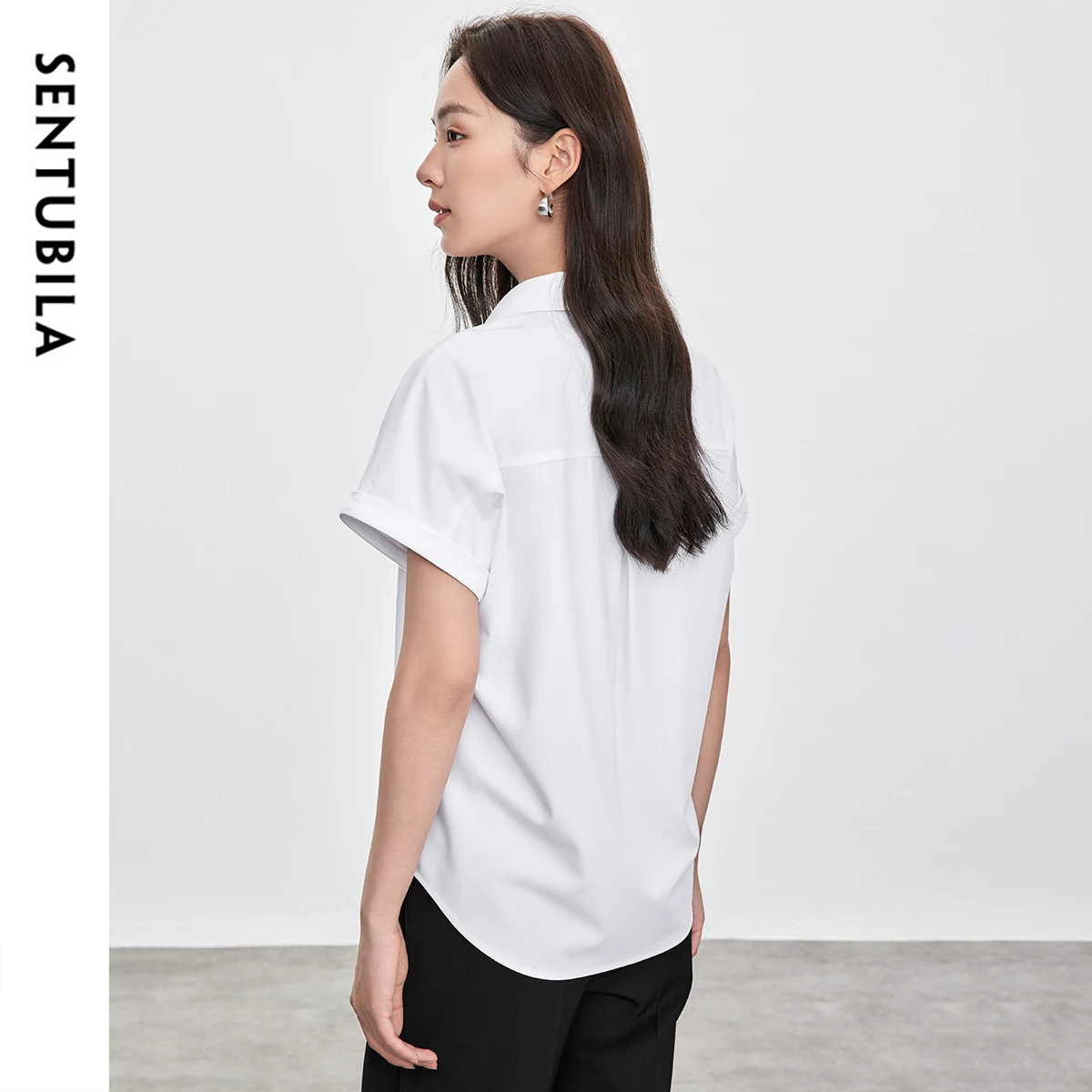 SENTUBILA Women White Short Sleeve Shirt 2025 Office Lady Turn-Down Collar Blouse Button-Up Design Breathable Tops 152C59375