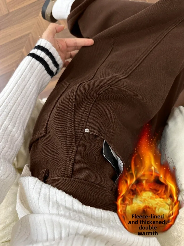 

Brown Fleece Lined Wide Leg Jeans Women's Thickened Autumn Winter Straight Cut Trousers High Waist Casual Wear for plus Size