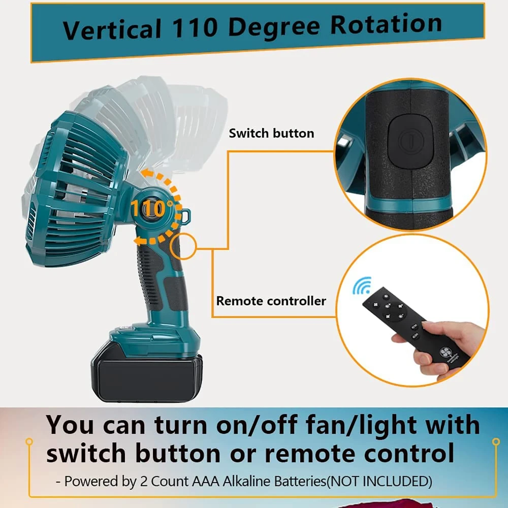 Multifunction Outdoor Fan With LED Light Handheld Cordless Jobsite Fan with Remote Control For Makita 14.4-18V Lithium Battery