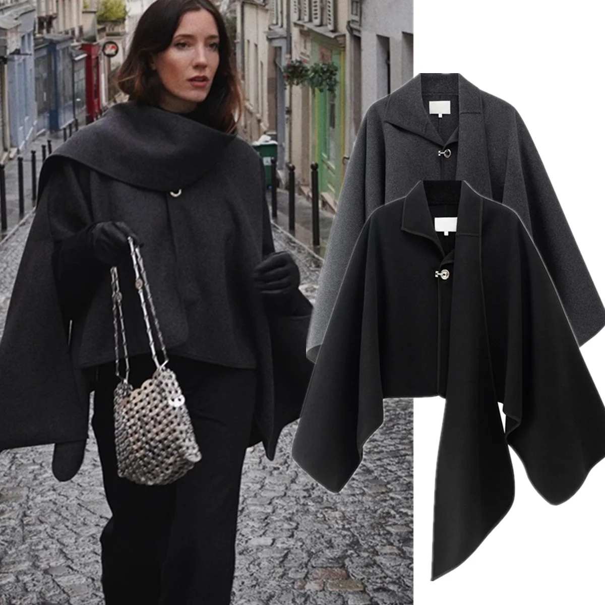 

Jenny&Dave Nordic Minimalist Wool Cape Coat French Fashion Ladies Elegant Retro Woolen Coat Women Winter Jacket Top