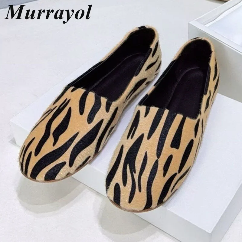 Lazy Loafers Women Round Toe Shallow Mouth Flats Ballet Shoes Spring Autumn Zebra Pattern Horsehair Single Shoes Grandma Shoes