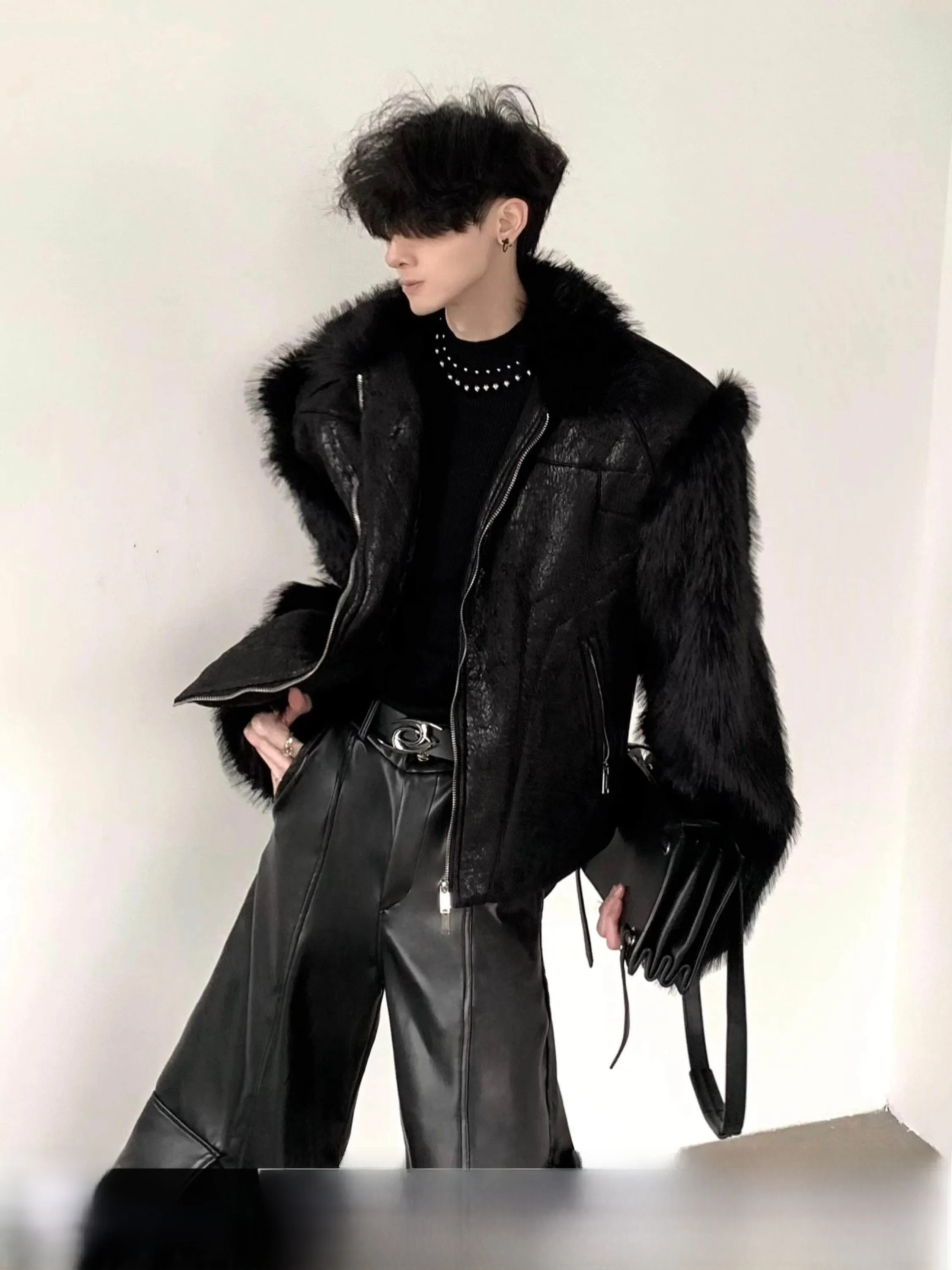 Autumn Mountain Wind Burst Leather Splicing Design Fake  Fur Jacket Men Winter Padded Shoulder Cotton Coat Thick Cotton ...