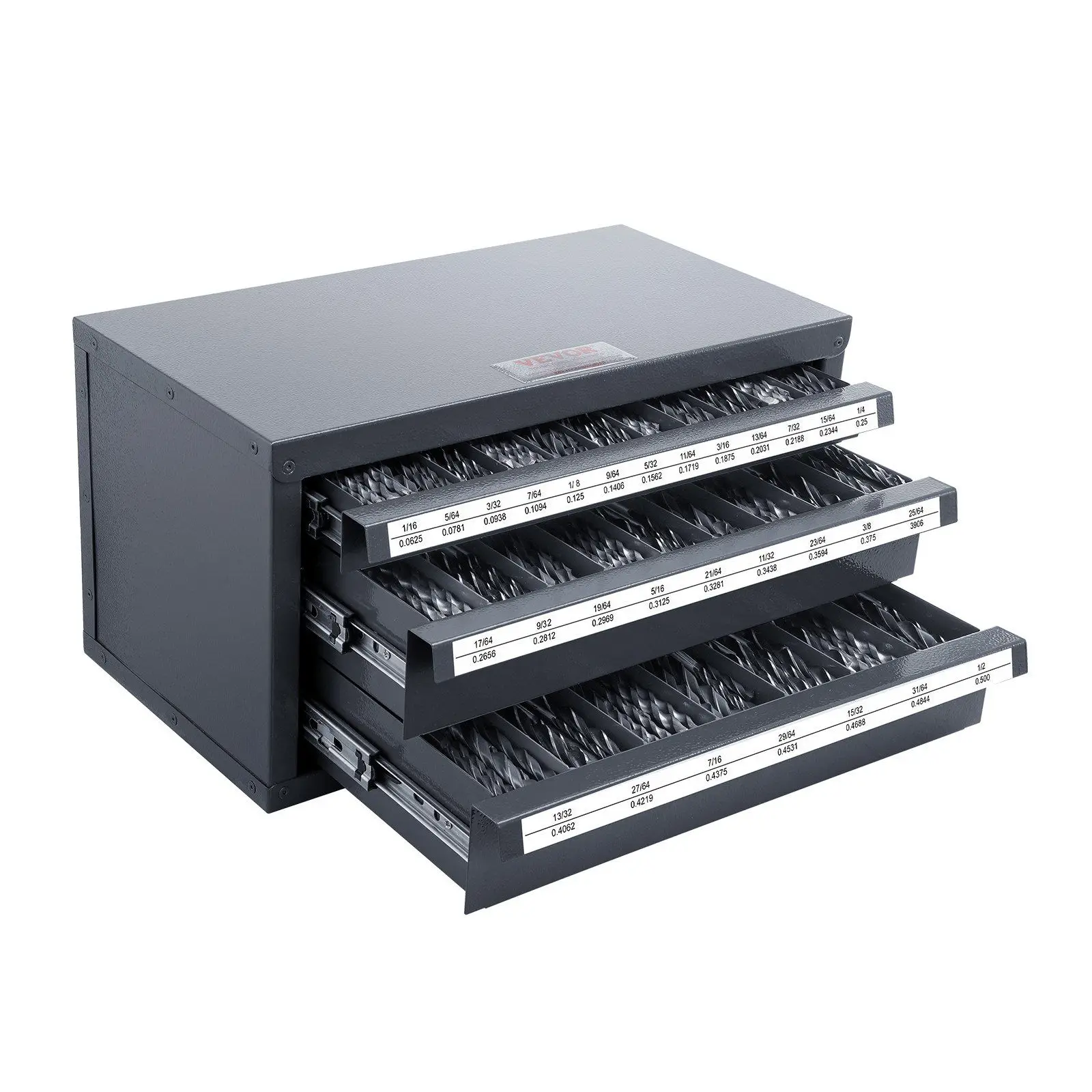 

Rugged 3-Drawer Steel Drill Bit Organizer Cabinet Wide Compatibility 1/16"-1/2" Labeled Shelving
