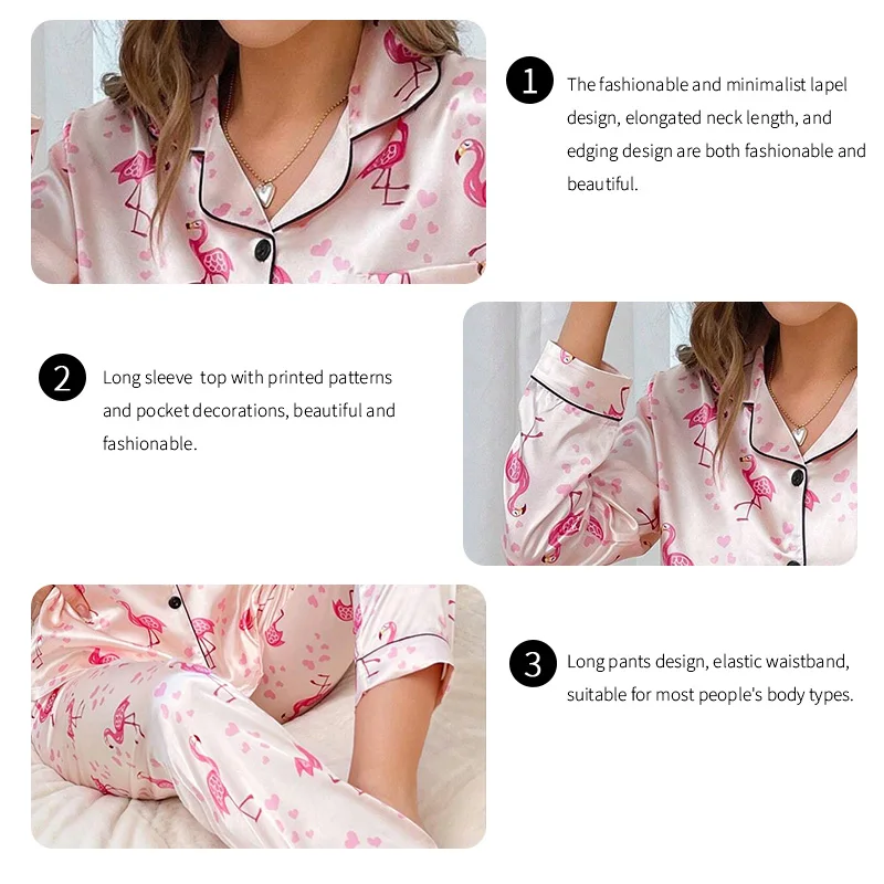 Set pigiama in raso da donna Flamingo Print Sleepwear autunno manica lunga colletto con risvolto Top e pantaloni pigiama Loungewear pigiama Femme