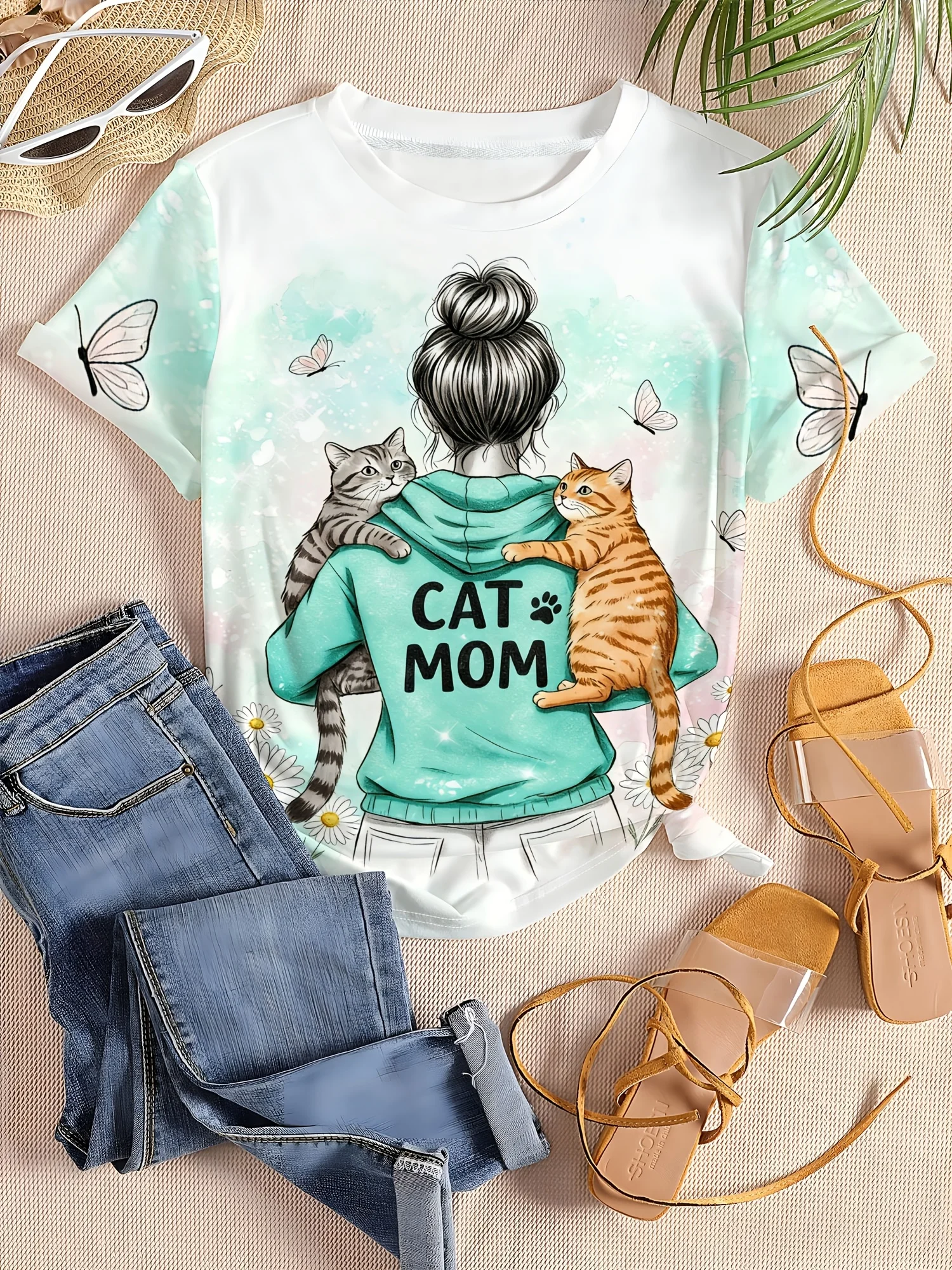 Women Crew Neck Short Sleeve T‑Shirt, Cat Mom Back View Girl Two Cats Butterfly Watercolor Art Graphic Tee