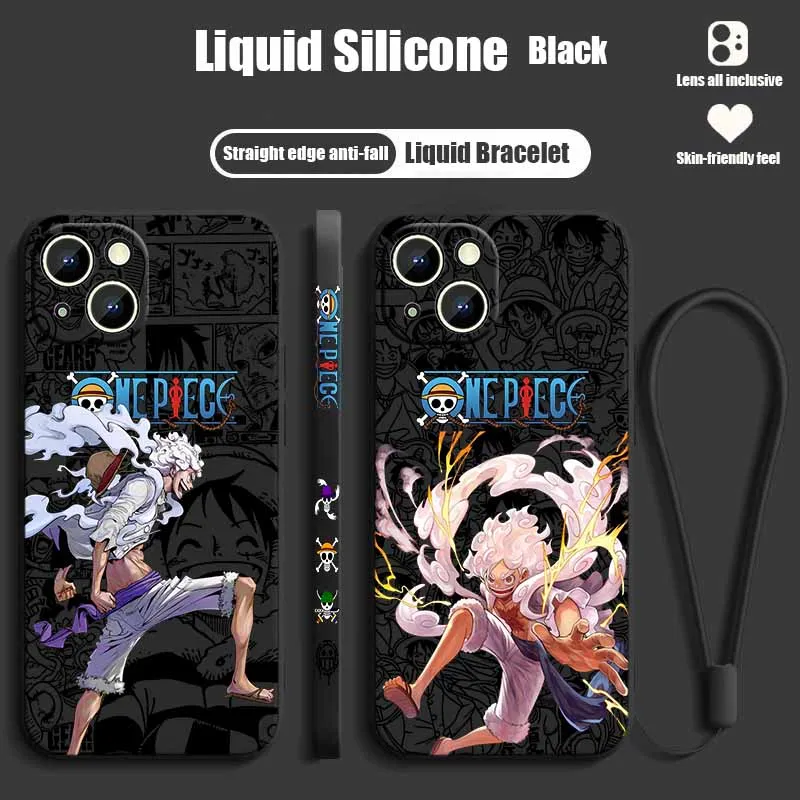 Gear 5 Luffy One Piece Hülle für Apple iPhone 17 16E 16 15 14 13 12 Mini Pro Max Plus, Flüssig-Silikon-Softcase mit linkem Seil