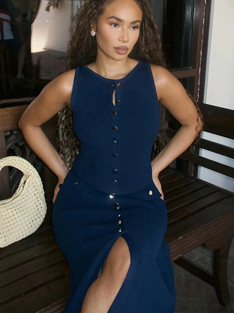 HH – Robe longue tricotée pour femmes, élégante, Slim, col rond, sans manches, simple boutonnage, fausses poches, mode bureau, 2024