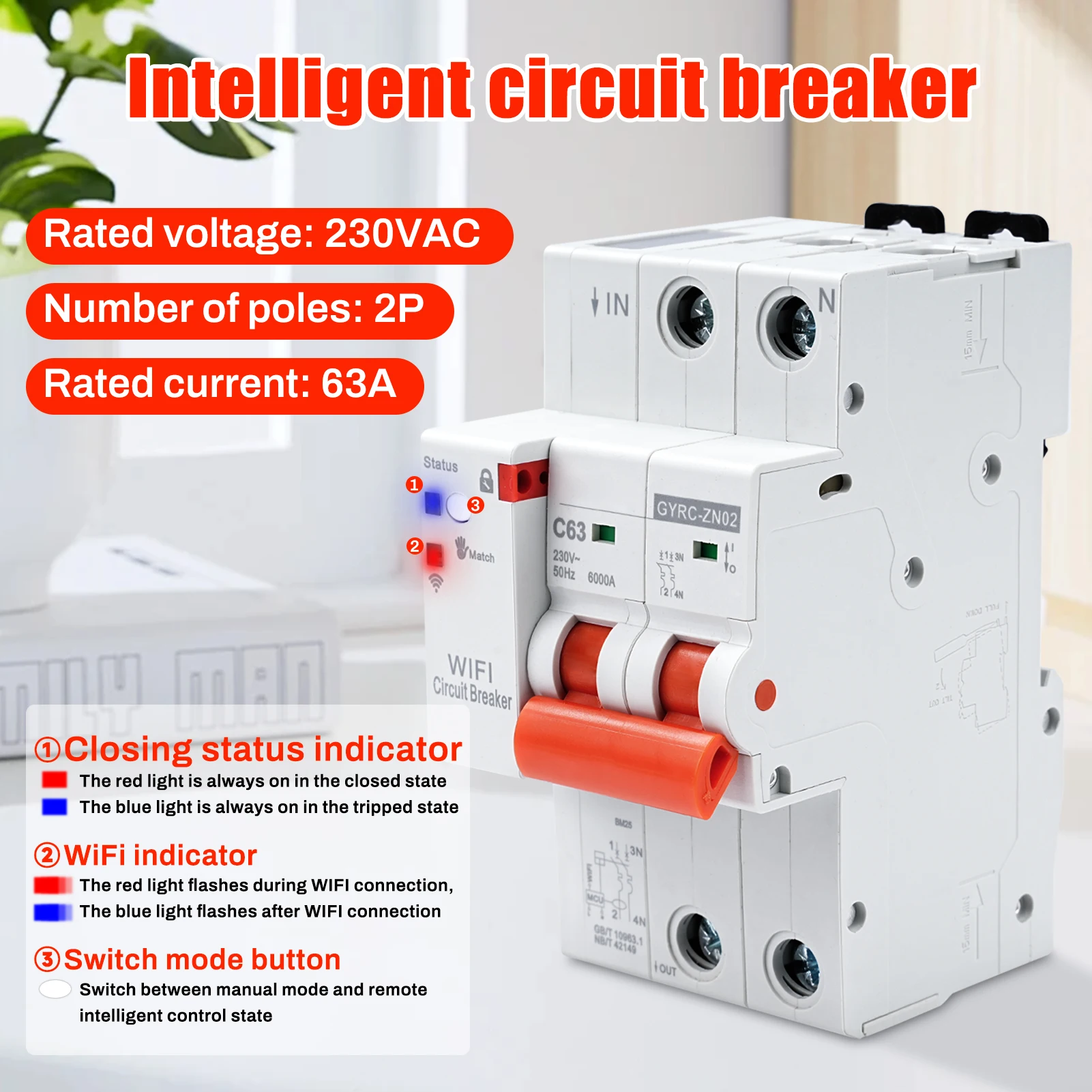 

TUYA 2P 63A WiFi Smart Circuit Breaker Over Under Voltage Overload Protector Timer Switch Smart Circuit Breaker Contactores 220V