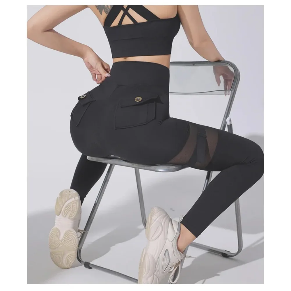 Summer Women Solid Pocket Fitness Pants With High Waist and Hip Lifting Solid Strap Slim Fit Running Sports Leggings