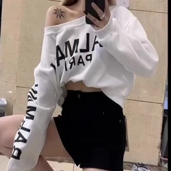 Trend Off Shoulder Letter Printing Hoodies Spring Autumn New Long Sleeve Fashion Loose Pullovers Top Casual Y2K Women Clothing