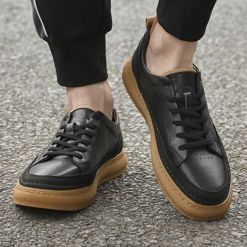 

High Quality Brand Men's Genuine Leather Casual Shoes Thick Soled Lace Up Simple Black Men's Oxford Shoes Outdoor Hiking Shoes