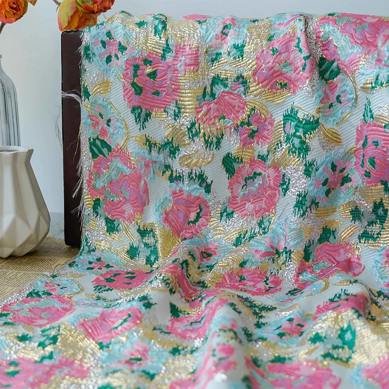 Retro Golden Silk Large Flowers Yarn Dyed Fabric Women's Classic Jacquard Elegant Stiff Dress Making Fabric 50cmx150cm