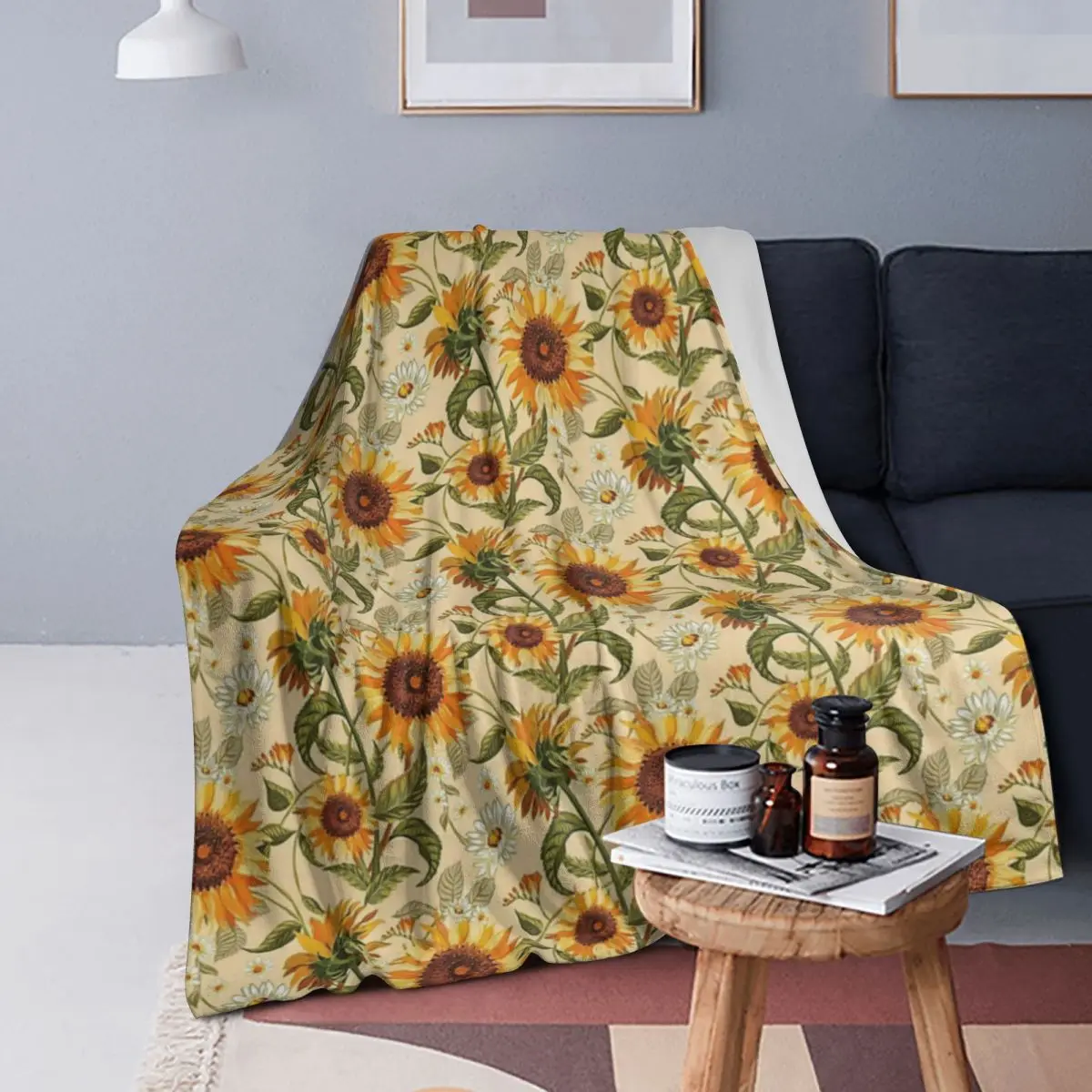 

Sunflowers 70s Vintage Golden Pattern Blanket Soft Warm Flannel Throw Blanket Cover for Bed Living room Picnic Travel Home Sofa
