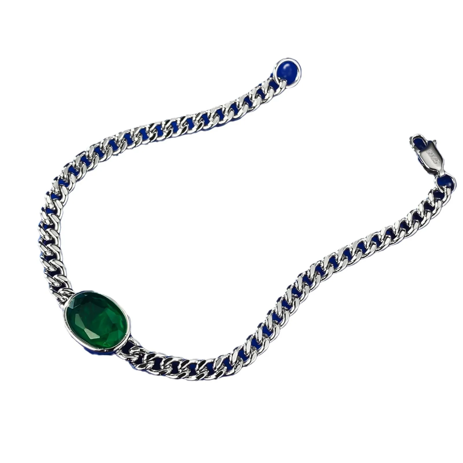 2024 New S925 Silver Imitation Emerald 8 * 11 Oval Bracelet Dafang Instagram European and American Style