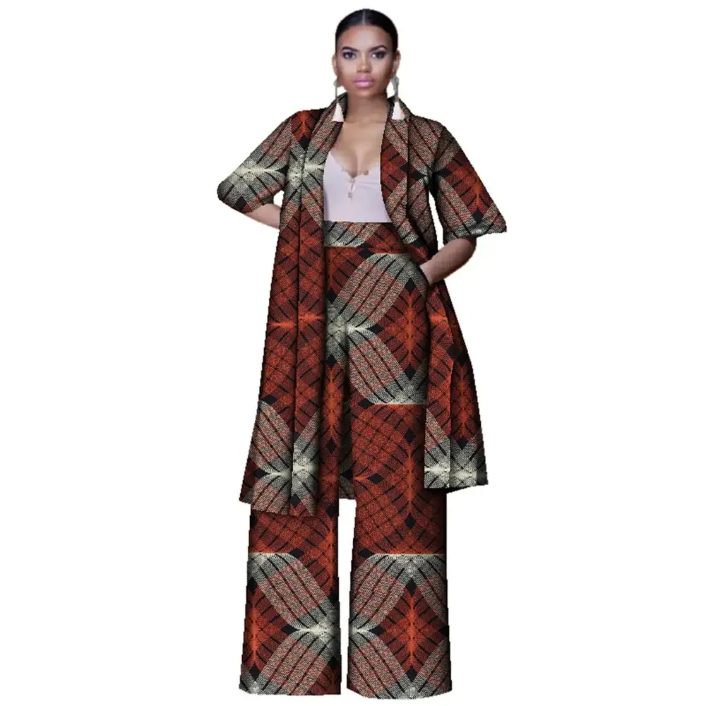 Fashion Women Suits 2 Pieces Set African Print Long Tops and Pants Women Bazin Riche Pants Sets African European Clothing WY3143