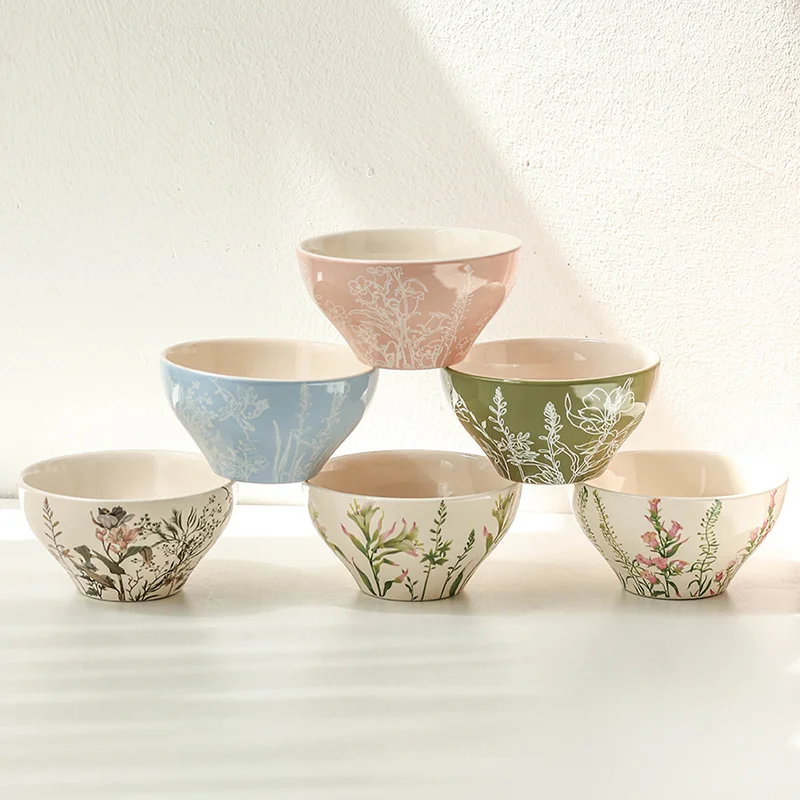 New Pretty Fresh Style High Temperature Fired Ceramic Rice Bowl Tableware Floral Pattern Noodle Breakfast Fruit Multiple Colors