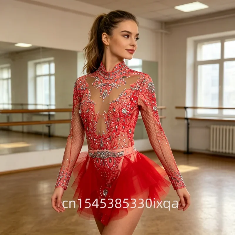 Glitzernder Strass-Bodysuit für Damen, elastisch, rosa, Netzstoff, Rüschen, Kristall-Trikot, Nachtclub-Tänzer-Kostüm, Bühnenkleidung, Party-Outfit, 7G