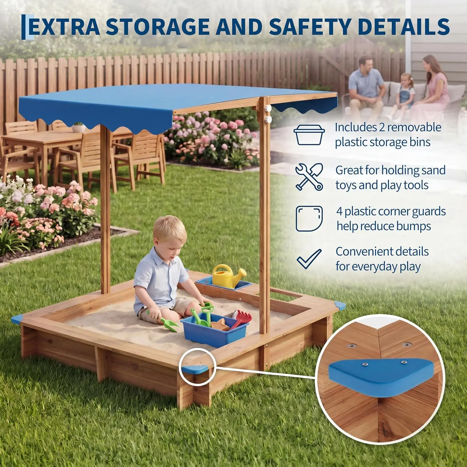 Children Outdoor Sand Pit Kids Playground Wooden Sandbox for Preschool Kindergarten Outdoor Garden Backyard Sand Play Area 2 Storage Bins, Corner Guards, Ages 3–6