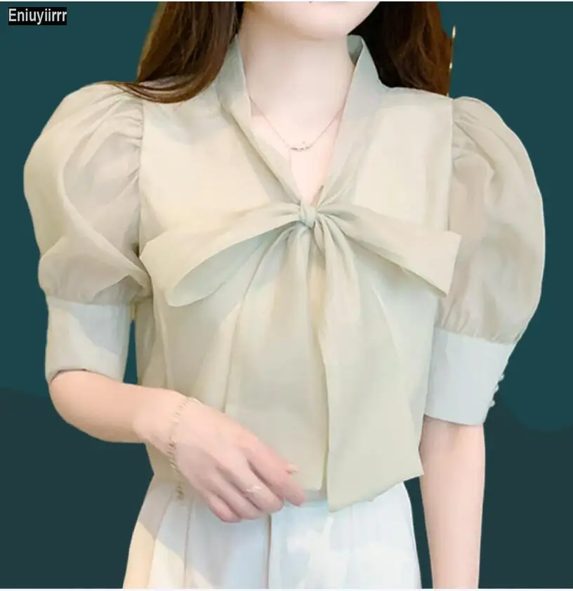 

S-2XL 2023 Women Summer Short Sleeve Elegant Office Lady Work Button Shirt Casual Cute Bow Tie Tops And Blouses