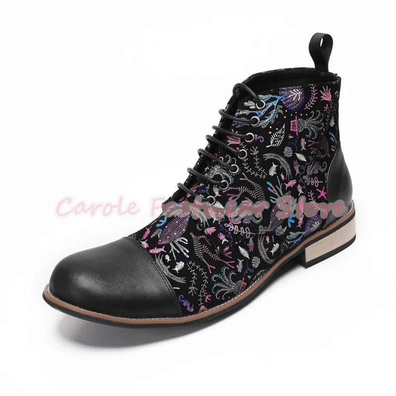 

Fashion Mixed Color Plants Embroidery Boots for Men Genuine Leather Chunky Heel Lace-Up Short Boots Male New Design Ankle Boots