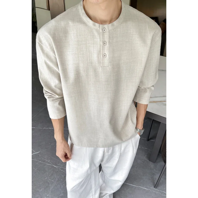 Textured Woven Henley Long Sleeve Top For Males Crew Neck Three Button Loose Silhouette Street Style Apparel