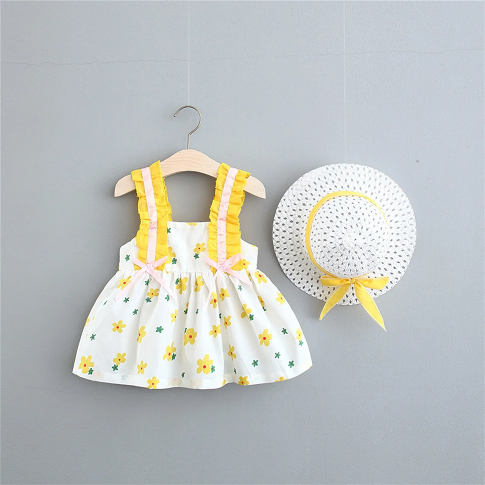 Newborn Baby Clothing Girls Summer Suspender Dress Floral Print Ruffled Skirt With Sunhat Vacation Daily Wear 3 6 18 24 Months