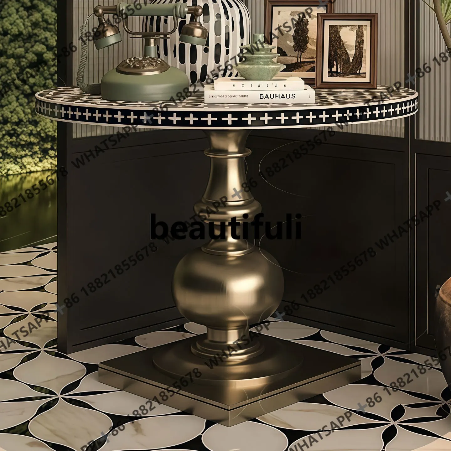 

American hand-painted solid wood dining table, neo-classical dining room, golden coffee table, decorated small round table