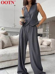 OOTN Casual Women Suits Gray V Neck Sleeveless Tank Tops Loose Long Pants Button Up Two Piece Sets 2024 Summer Elegant Outfits