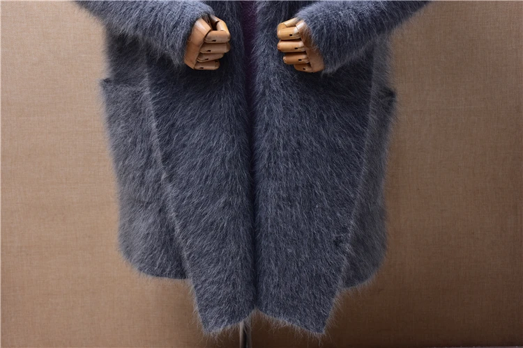 Ladies Women Fall Winter Thick Warm Grey Hairy Mink Cashmere Knitted Turn-Down Neck Loose Cardigans Mantle Angora Sweater Jacket