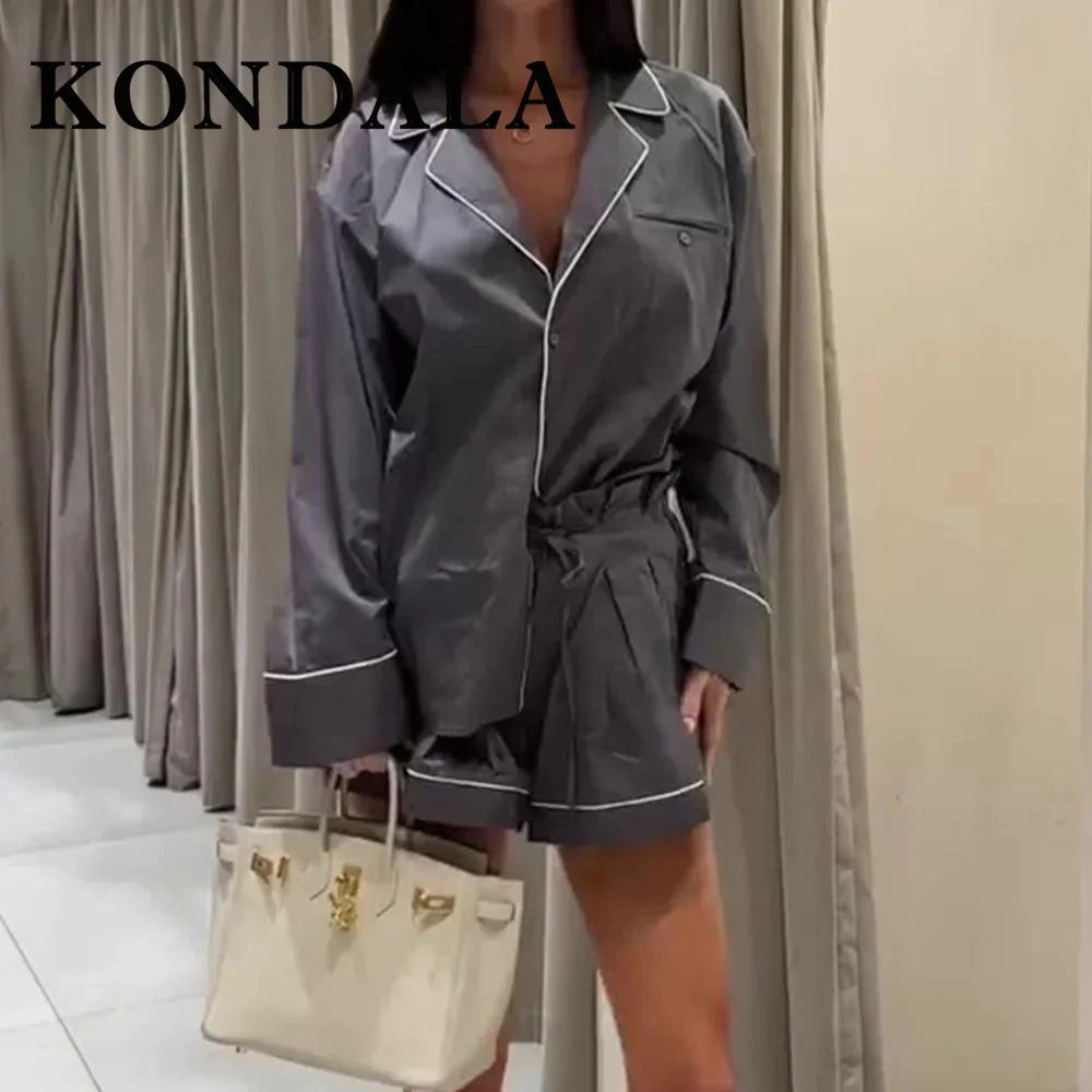 KONDALA Casual Chic Woman Grey Suit Single Breasted Loose Shirt+Pocket Lace-up Mini Shorts Fashion 2025 Elegant pajams Mujer Set