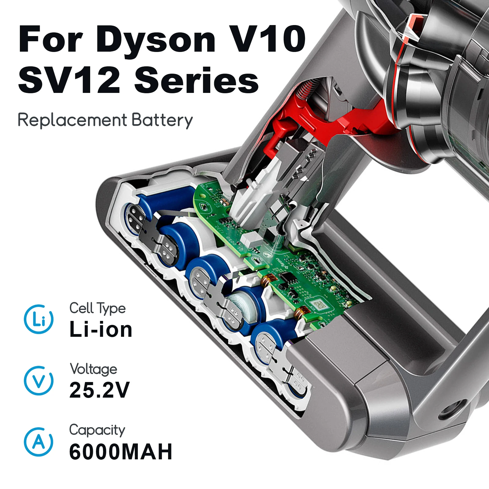 Imagem -02 - Bateria Li-ion de Substituição para Dyson V10 Cleaner Rh10 Sv12 7-cell 206340 Sv14 7inr21 70 25.2v 6000mah 6.0ah