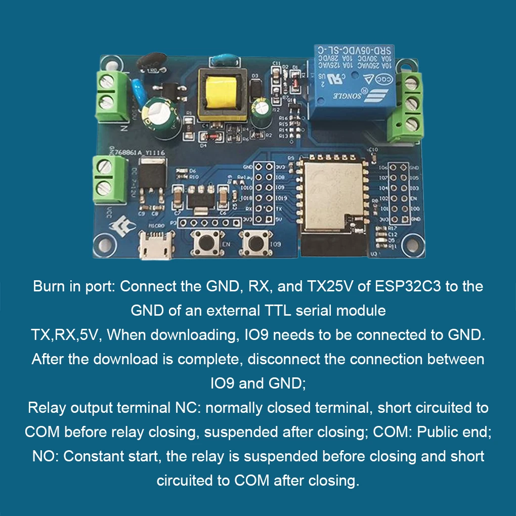 Fuente de alimentación AC 90-250V/DC 7-12V, WIFI, Bluetooth, BLE, módulo de relé de 1 canal, PLACA DE DESARROLLO DE ESP32-C3/ESP-C3-12F