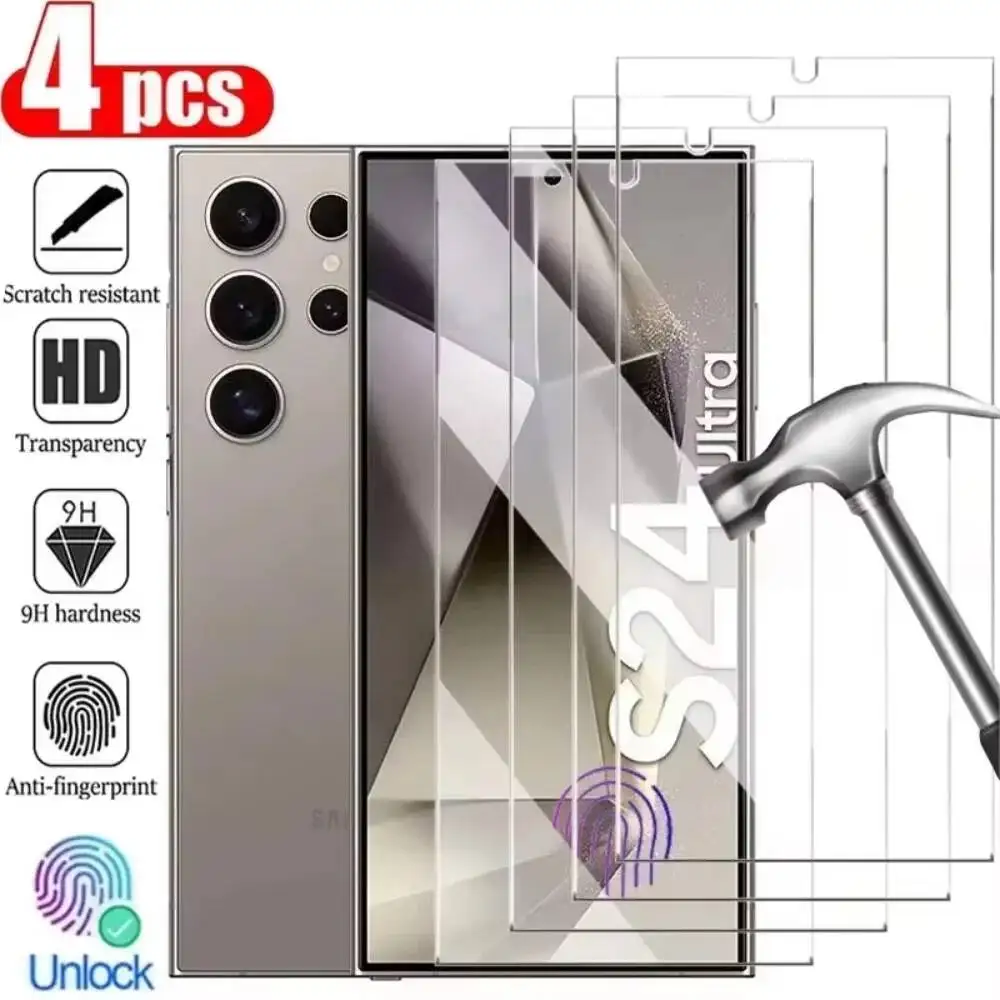 

Комплект из 4 защитных стекол Full Cover для Samsung Galaxy S25 S24 Ultra, S26, с защитой от отпечатков пальцев, HD-качество
