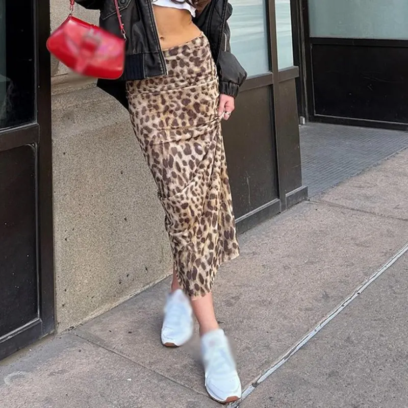 High Waisted Leopard Print Long Skirt Hottie Streetwear Hip Wrap Retro Style Sweet And Spicy Casual All-Match Summer