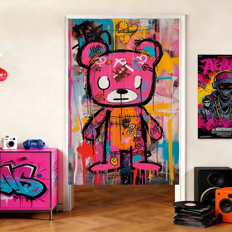 VIKAMA Graffiti Hip Hop Bear Linen Door Curtain, 6 Assorted Designs, Noren Doorway Tapestry Home Decor