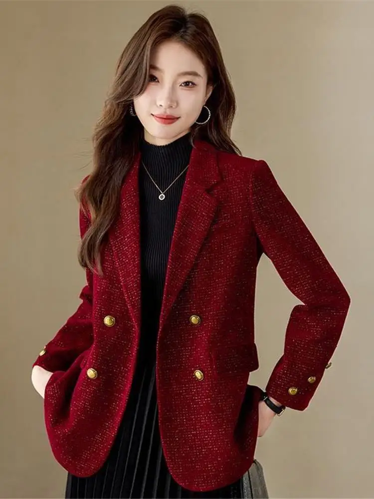 

Ele Red Suit Jaet, женский двубортный повседневный утягивающий костюм 2023, весенний новый корейский костюм с длинными пуговицами