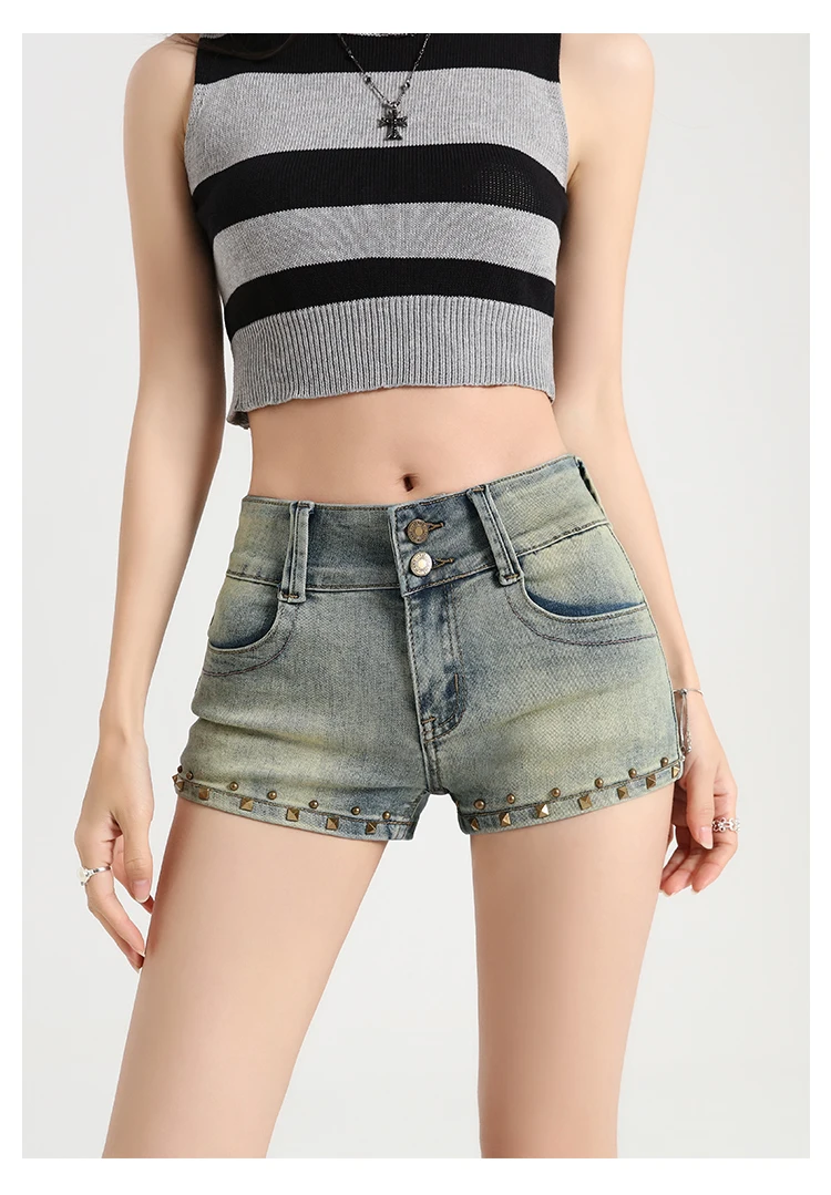 レディース ブルーデニムショートパンツ Y2K ジーンズ ショートパンツ 原宿系 ヴィンテージ ローウエスト ミニ カウボーイショーツ 2000年代風 グランジ系 2025