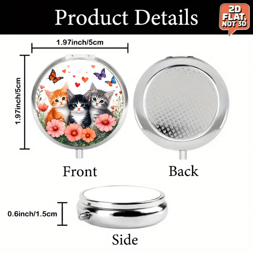 1 Piece, Flat Pill Box, Designed with Three Cute Kittens, Flowers, and Butterflies. It Has Three Compartments, Making It Easy to Carry, Used for Storing Medication, and Is Also Safe, Easy to Fit in a Wallet or Purse.