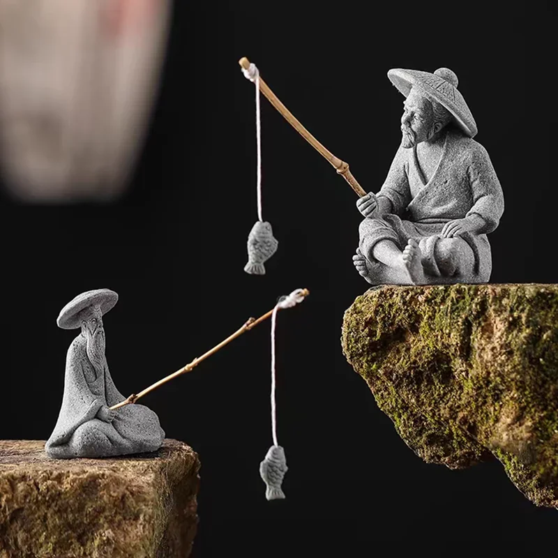 

Asian Zen Sitting Fisherman Ornament 1Pc Old Man Figurine for Aquarium Home Garden Table Decor Meditation Decoration