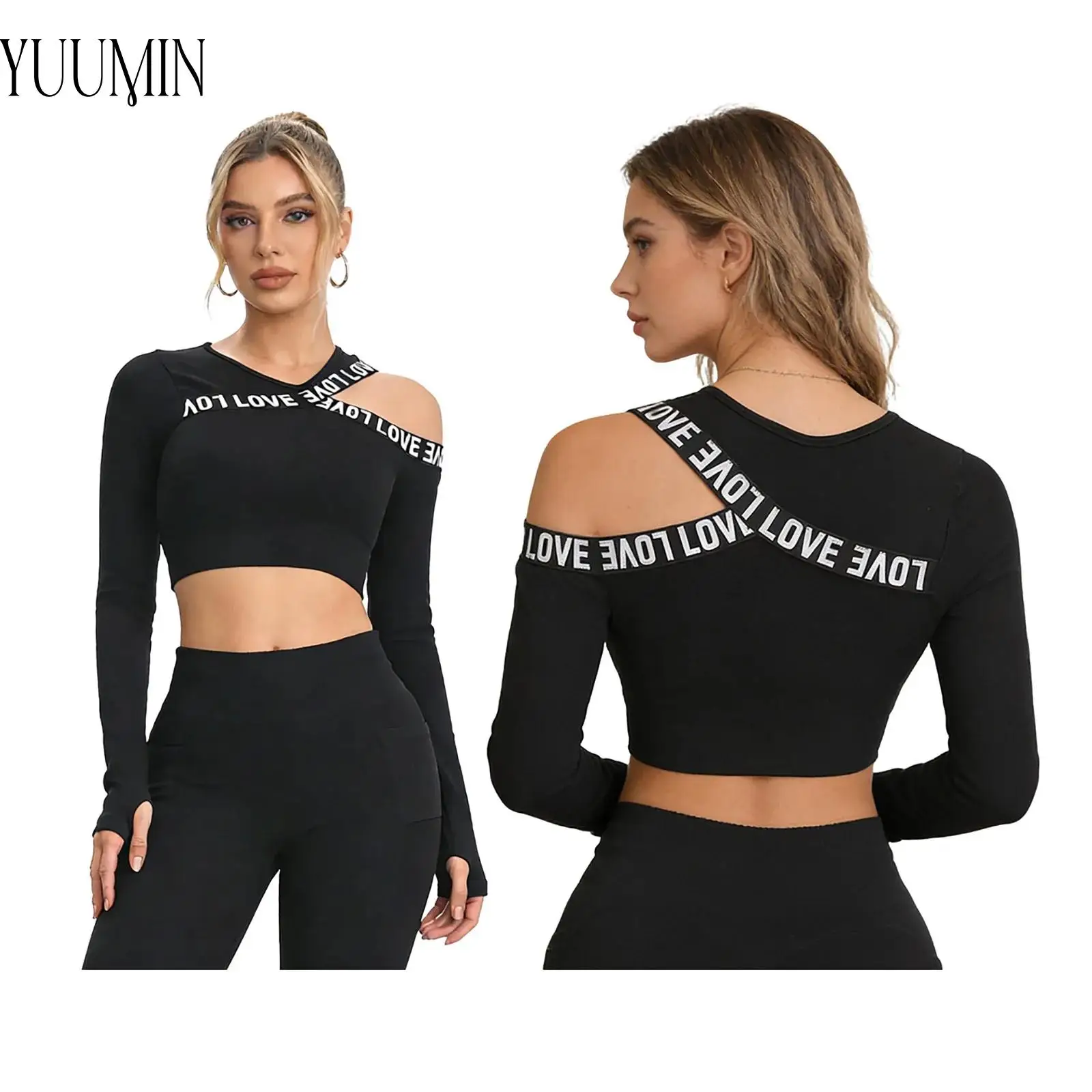 

Быстросохнущий спортивный топ для йоги для женщин: укороченный топ с открытыми плечами, длинными рукавами, отверстиями для больших пальцев, асимметричный, облегающий, для спортзала и фитнеса