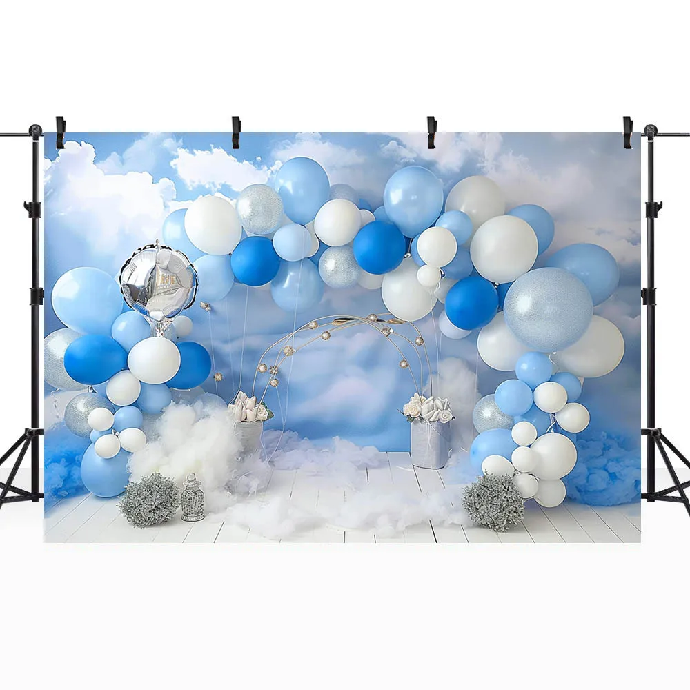 Mocsicka Blue Sky White Clouds Backdrop Blue And White Arched Balloons Boy 1st Birthday Cake Smash Photography Backgrounds Props