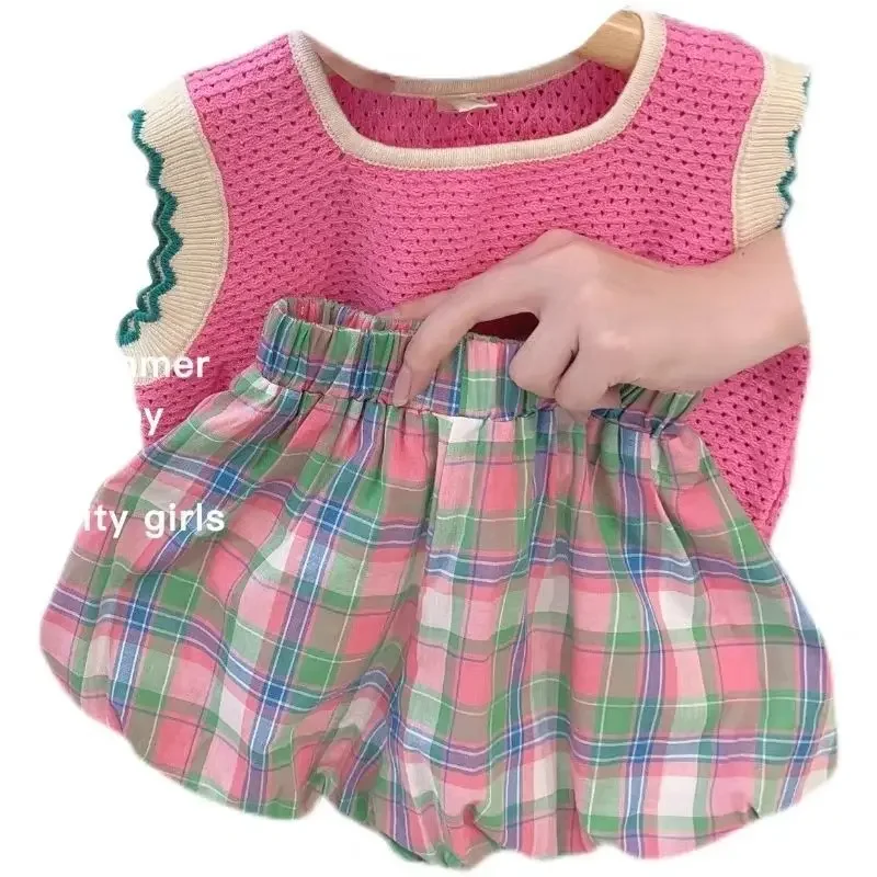 Girl\'s Children\'s Clothing Suit Summer Pink Knitted Vest+Plaid Bud Shorts Two-piece Set for Outer Wear Leisure Style Loungewear