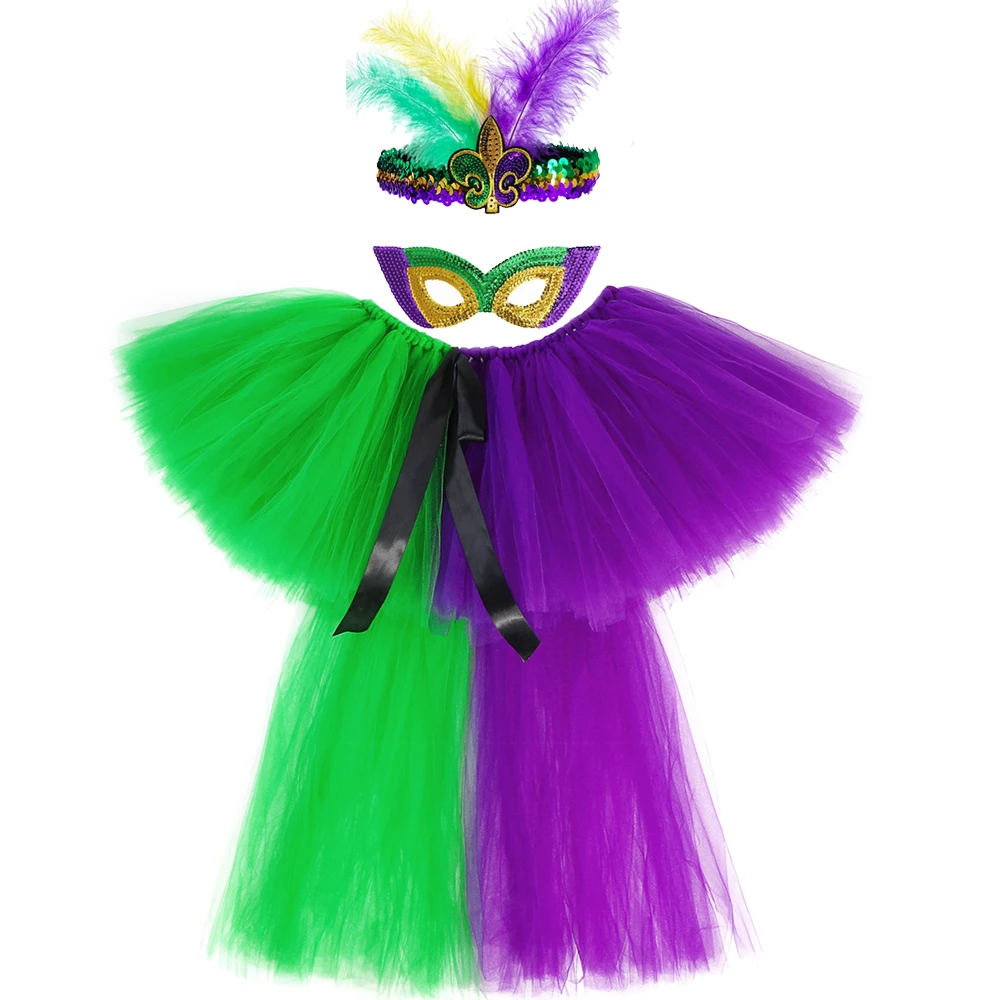 High Low Mardi Gras Festival Tutu Skirt for Girls Kids Purple Green Carnival Party Trailing Skirts Outfit with Mask Hairband