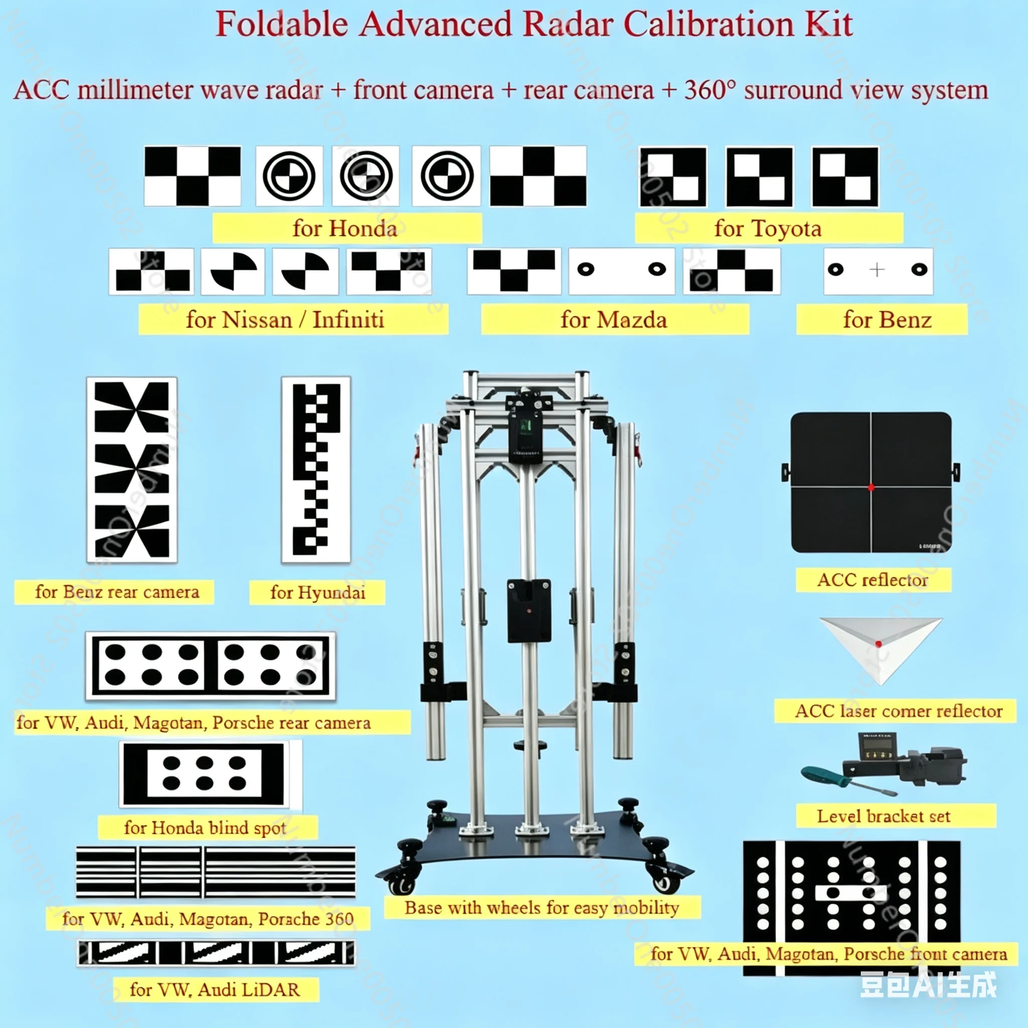 

Складной комплект для калибровки ADAS: радар ACC mmWave, передняя и задняя камеры, калибровка кругового обзора 360° для Toyota, Honda, VW, Benz