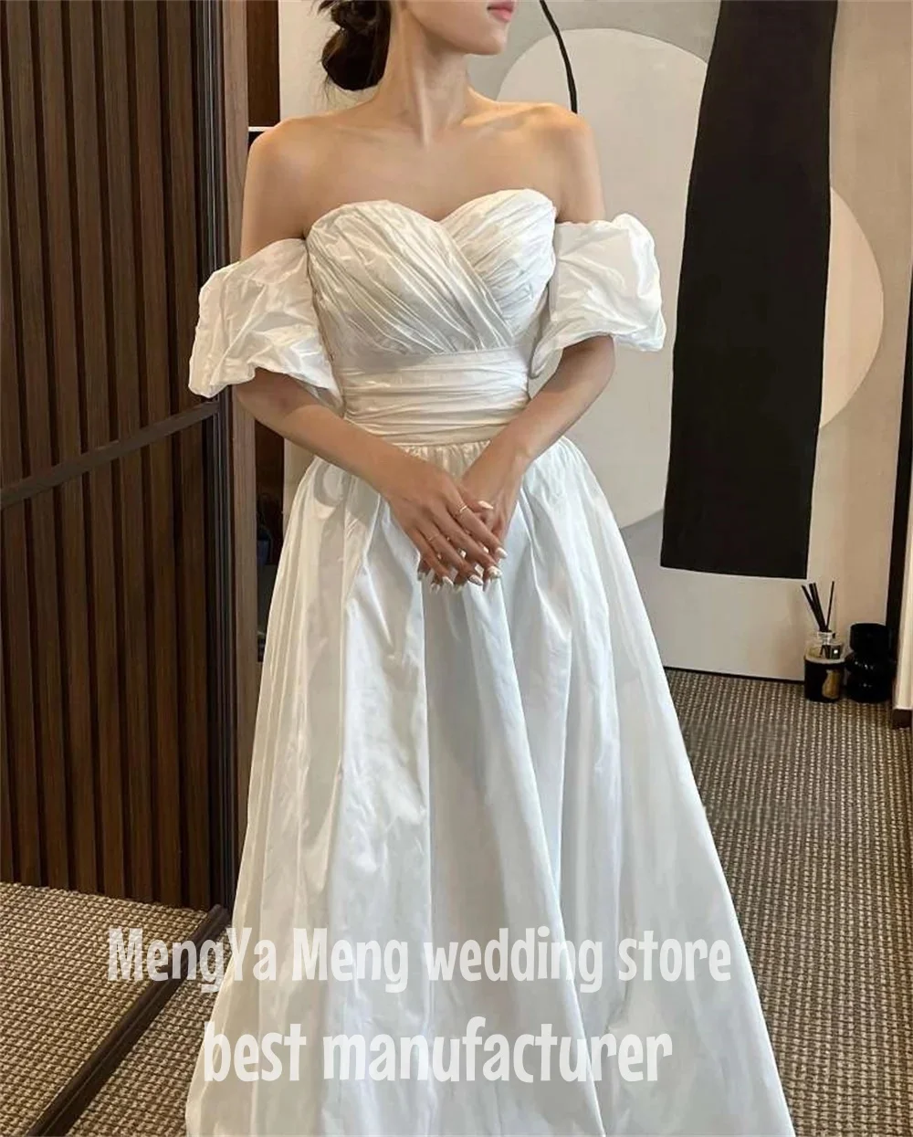 ZHUISHU A Line Korea Wedding Dress Sweetheart Customized Taffeta Pleats Corset Back Bridal Gown Short Lantern Sleeve Bride Dress
