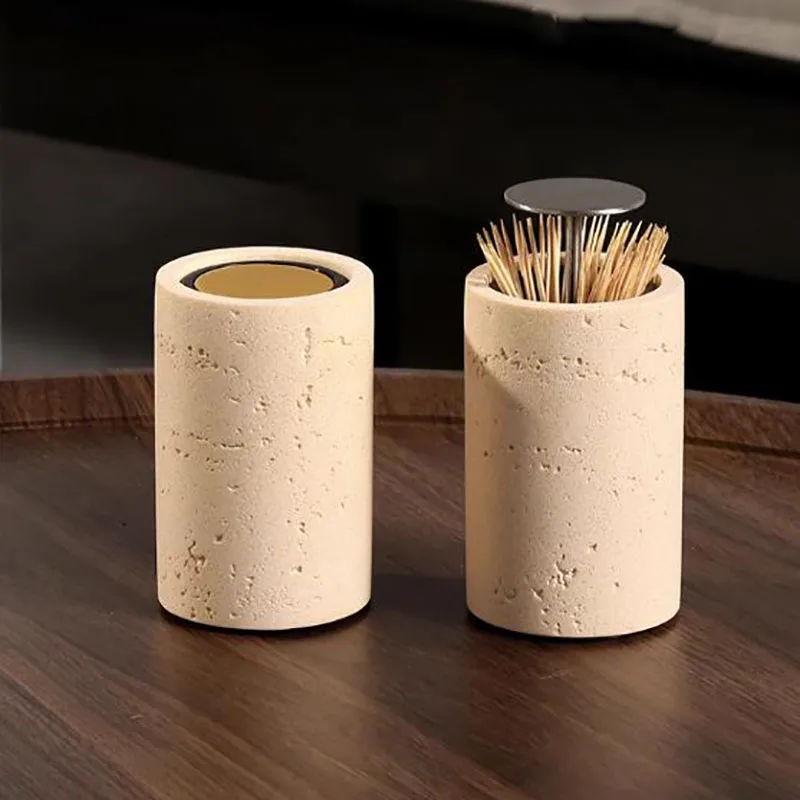 

Minimalist Sandstone Toothpick Box Press-type Cotton Swab Box Automatic Pop-up Restaurant Toothpick Jar Stone Texture Home Decor