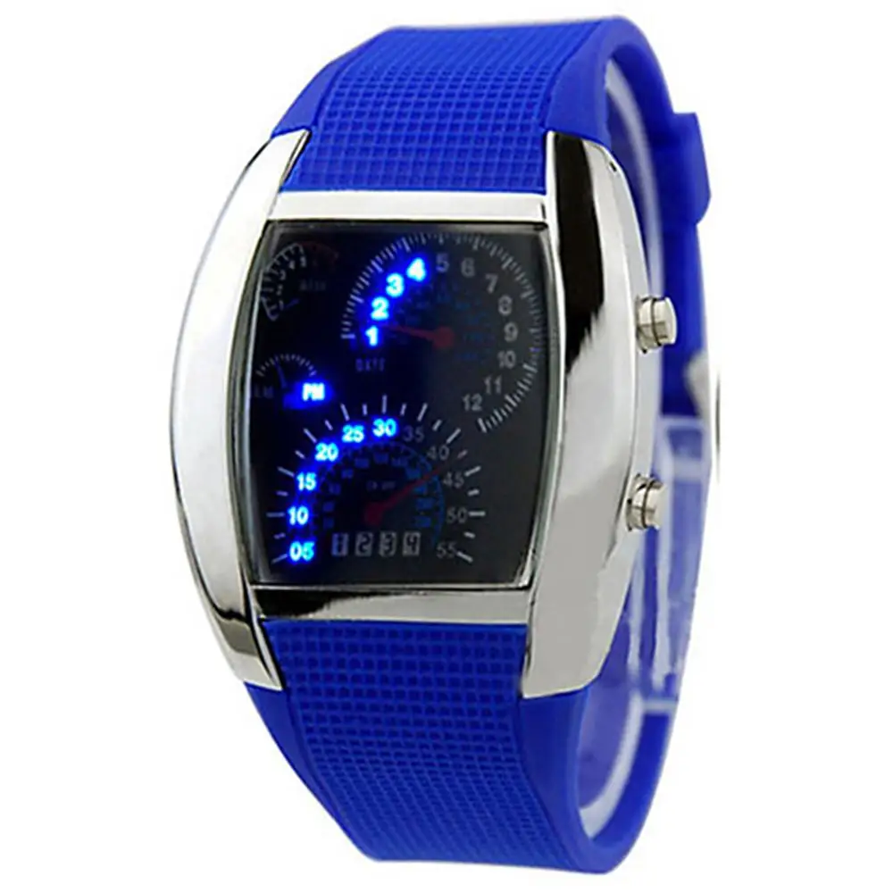 Men Women Sport LED Dashboard Pattern Dial Digital Wrist Watch Stainless Steel Link Bracelet Electronic Male Clock Reloj Hombre