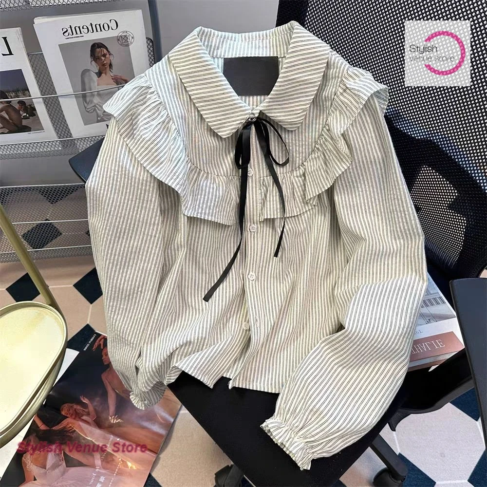

Japanese college style striped long-sleeved shirt female spring and autumn new doll collar shirt lotus leaf collar sweet top
