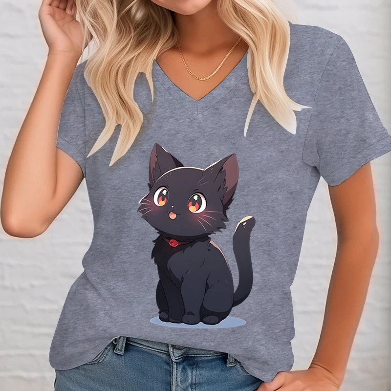 Anime Zwarte Kat Print Vrouwen T-Shirts Street Hiphop Tops T-Shirts Zomer Cartoon Kitten V-Hals Kleding Mode Vrouwen Korte Mouw